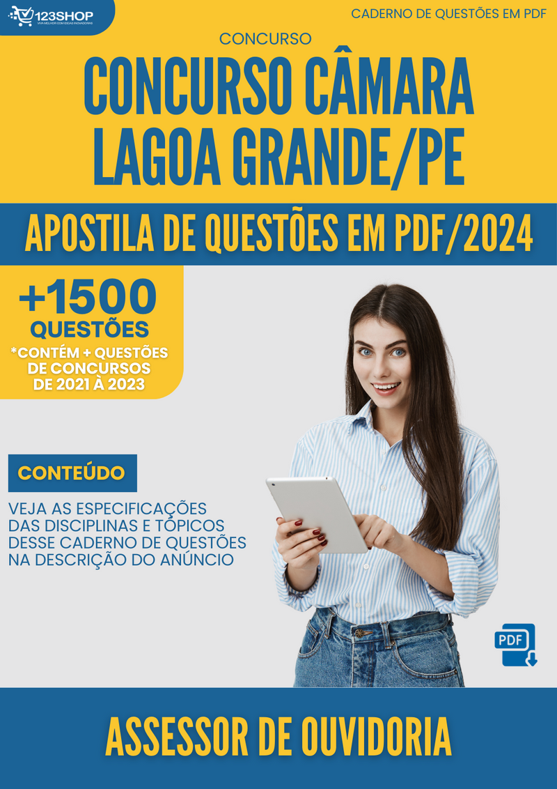 Apostila de Questões  Câmara Lagoa Grande PE 2024 Assessor de Ouvidoria - Mais de 1.500 Questões | loja123shop