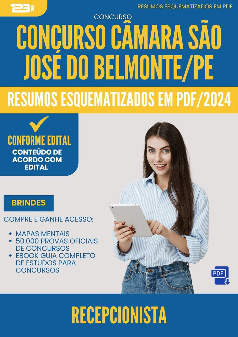 Resumos Esquematizados para Concurso Apostila Recepcionista Camara Sao Jose da Prefeitura Belmonte Pe 2024 - Conteúdo de Acordo com Edital