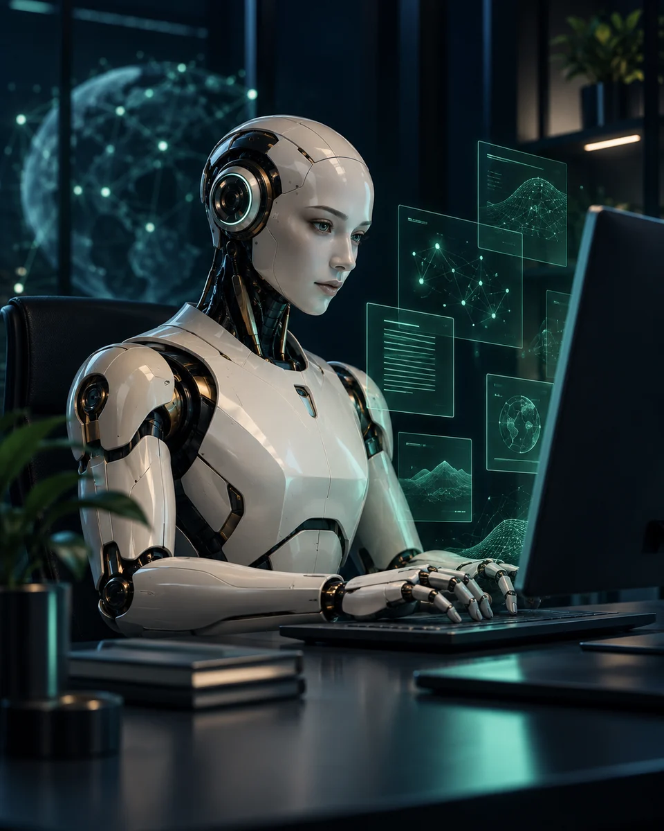 Humanoide de inteligência artificial organizando conhecimento em um laboratório digital