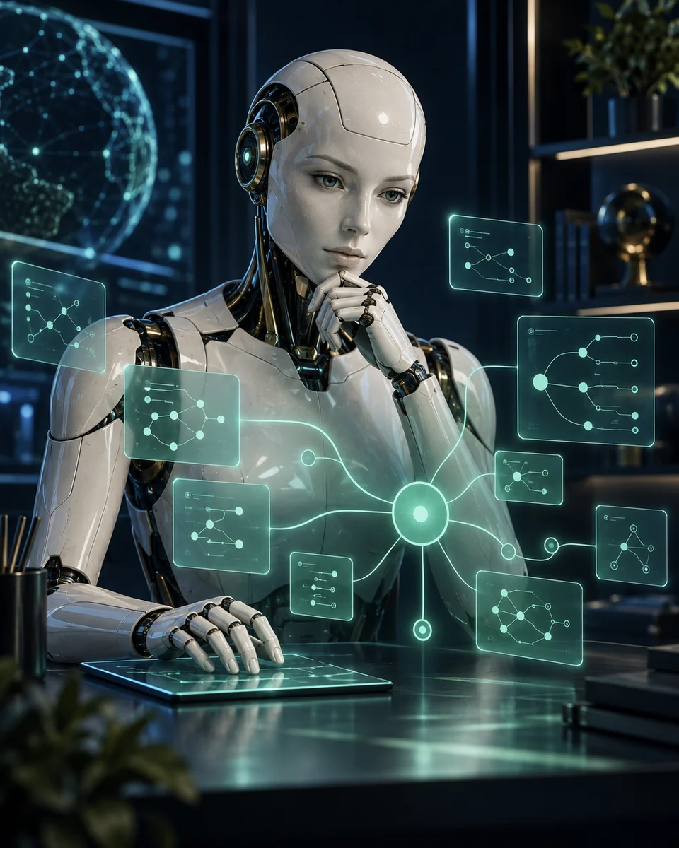 Humanoide de inteligência artificial organizando conhecimento em um laboratório digital