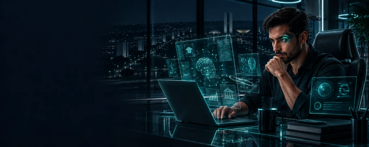 Concurseiro com um olho biônico verde estudando em uma cadeira futurista, diante de interfaces holográficas, com a Esplanada dos Ministérios e o Congresso Nacional ao fundo à noite.