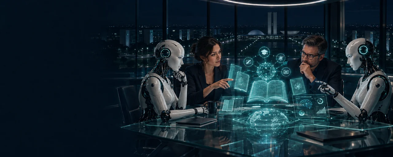 Dois humanos e dois humanoides colaborando na criação de materiais de estudo em uma sala de reuniões futurista com vista noturna para a Esplanada dos Ministérios e o Congresso Nacional.